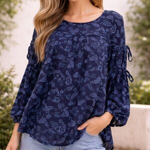 Women's Navy Floral Tie-Sleeve Blouse